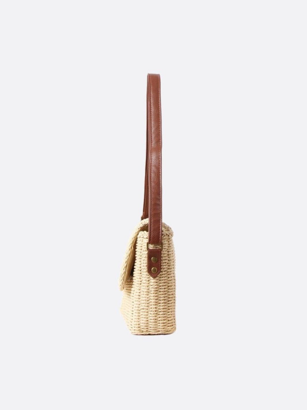 Rectangular Woven Shoulder Bag - in Beige | Arvea Bags