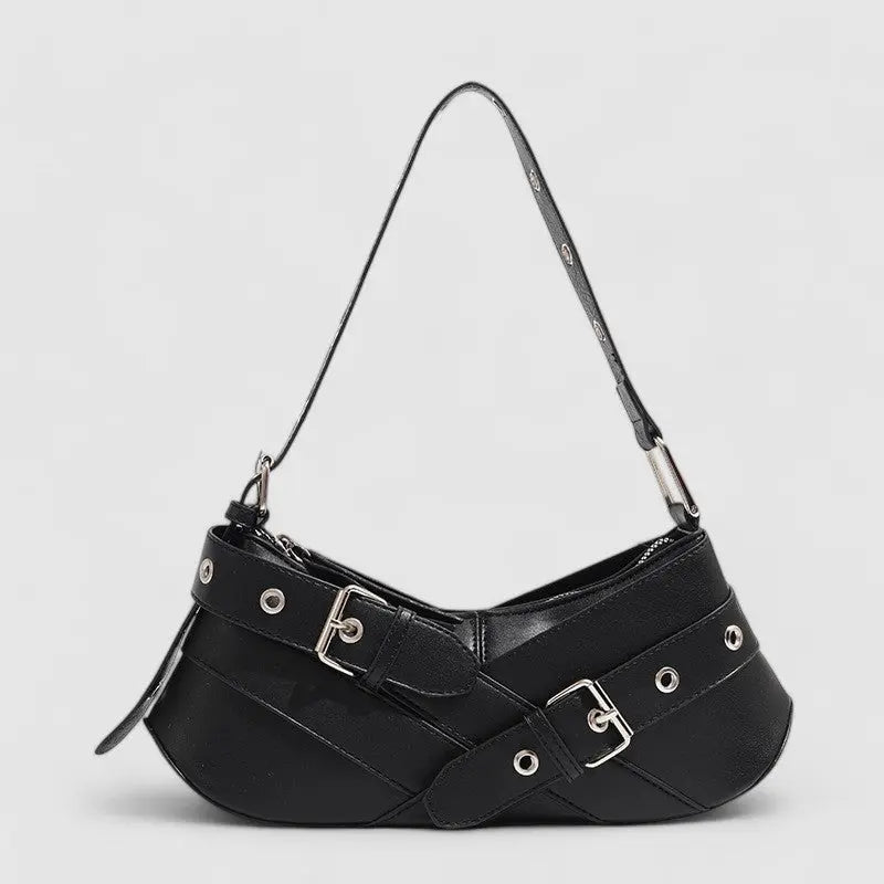 Riley | Black Buckle Strap Shoulder Bag – Bold & Trendy - in Black | Arvea Bags