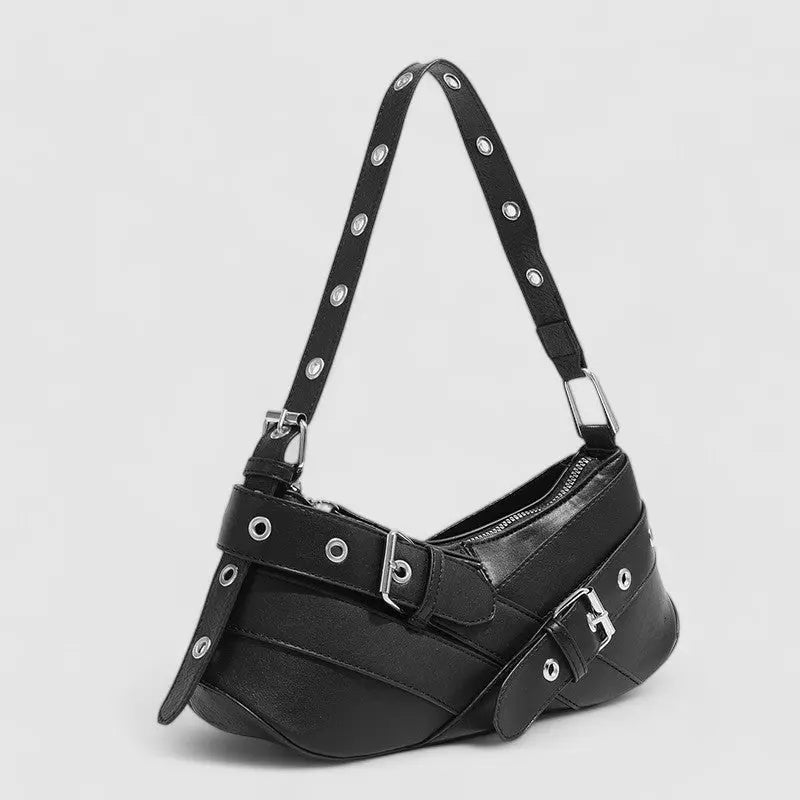 Riley | Black Buckle Strap Shoulder Bag – Bold & Trendy - in Black | Arvea Bags