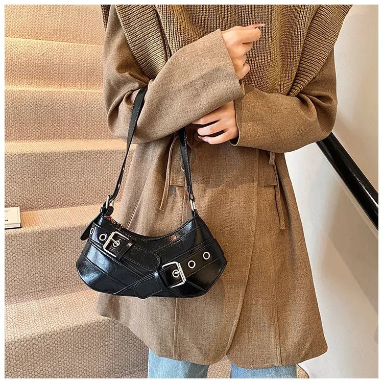 Riley | Black Buckle Strap Shoulder Bag – Bold & Trendy - in Black | Arvea Bags