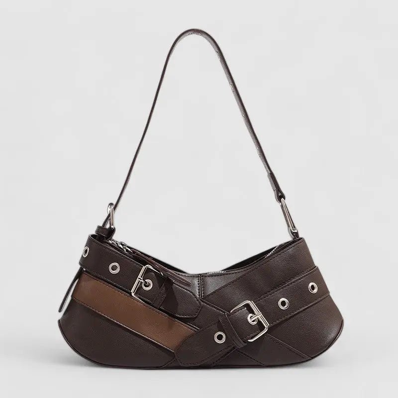 Riley | Black Buckle Strap Shoulder Bag – Bold & Trendy - in Brown | Arvea Bags