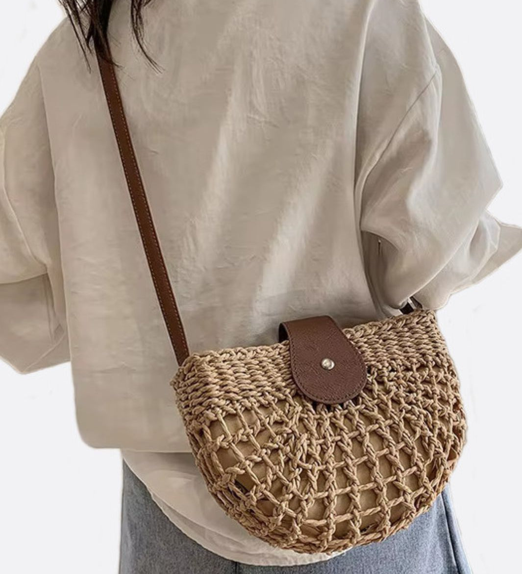 Rio Half - Moon Rope Crossbody Bag – Open - Weave Straw Bag - in Light Brown | Arvea Bags