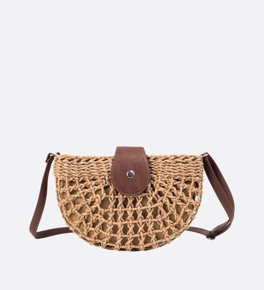 Rio Half - Moon Rope Crossbody Bag – Open - Weave Straw Bag - in Light Brown | Arvea Bags