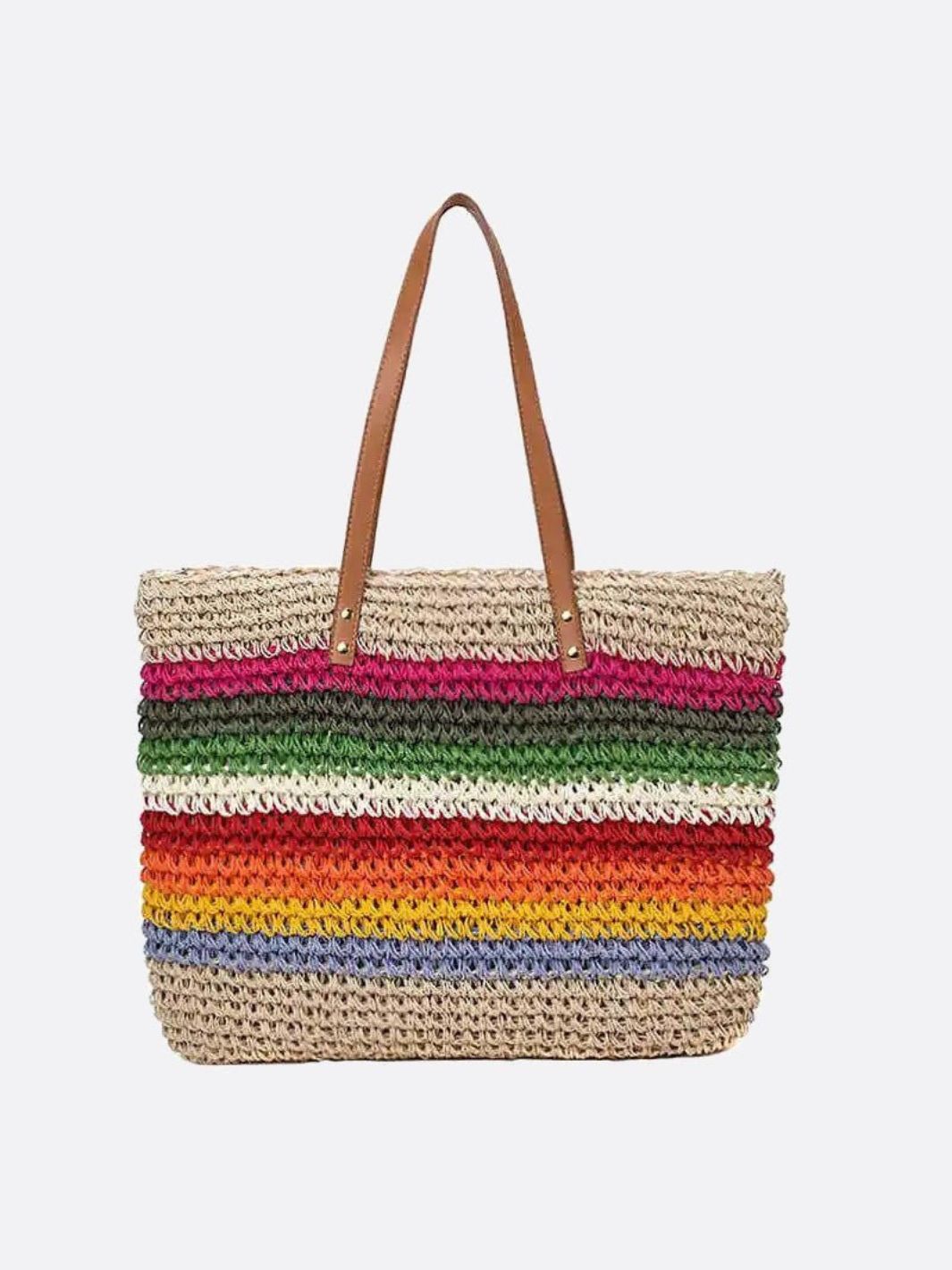 Rio Rainbow Crochet Tote – Multicolor Striped Woven Bag - in Beige | Arvea Bags
