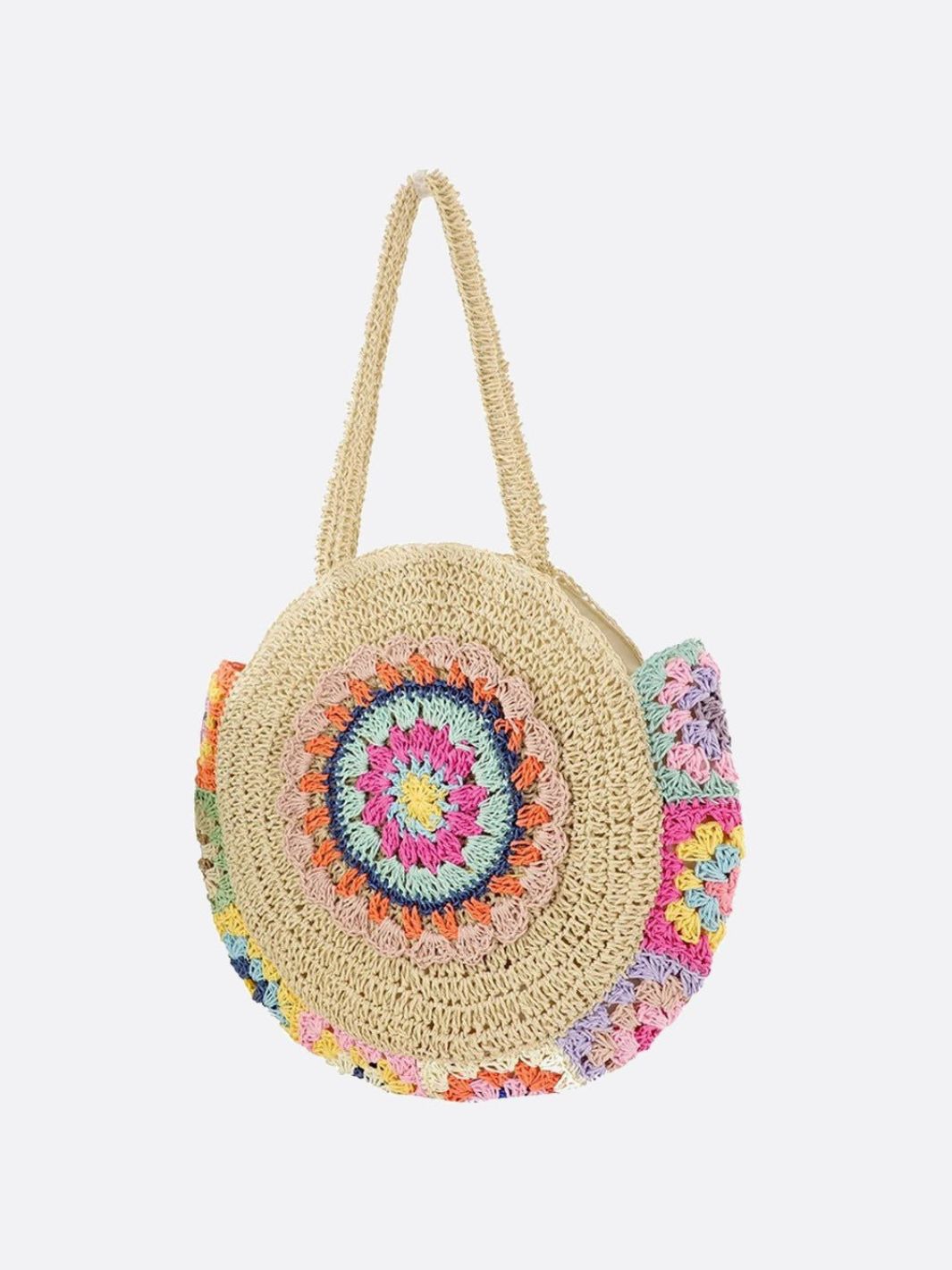 Round Crochet Woven Bag – Boho Shoulder Tote with Colorful Detailing - in Beige | Arvea Bags