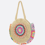 Round Crochet Woven Bag – Boho Shoulder Tote with Colorful Detailing - in Beige | Arvea Bags