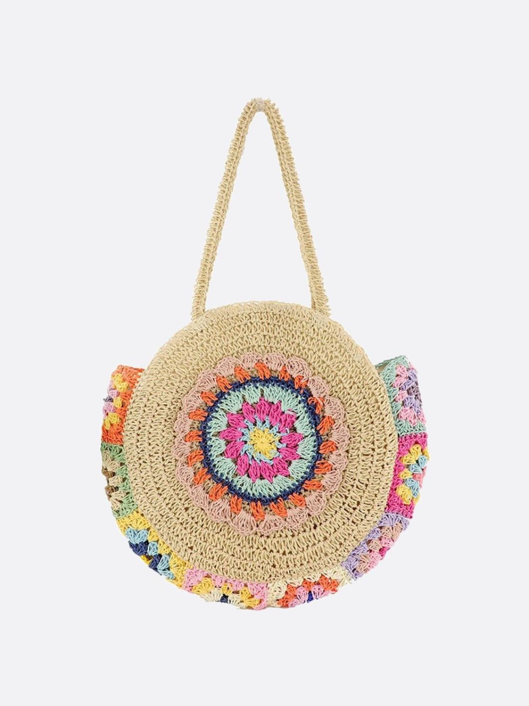 Round Crochet Woven Bag – Boho Shoulder Tote with Colorful Detailing - in Beige | Arvea Bags