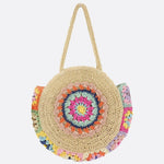 Round Crochet Woven Bag – Boho Shoulder Tote with Colorful Detailing - in Beige | Arvea Bags