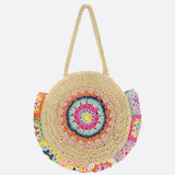 Round Crochet Woven Bag – Boho Shoulder Tote with Colorful Detailing - in Beige | Arvea Bags