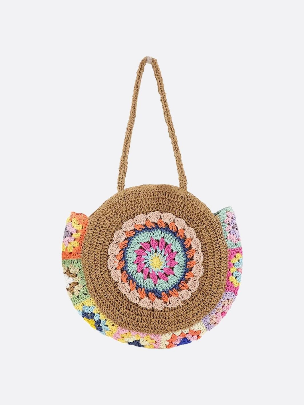 Round Crochet Woven Bag – Boho Shoulder Tote with Colorful Detailing - in Light Brown | Arvea Bags