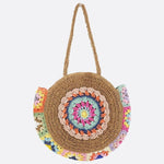 Round Crochet Woven Bag – Boho Shoulder Tote with Colorful Detailing - in Light Brown | Arvea Bags