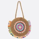 Round Crochet Woven Bag – Boho Shoulder Tote with Colorful Detailing - in Light Brown | Arvea Bags