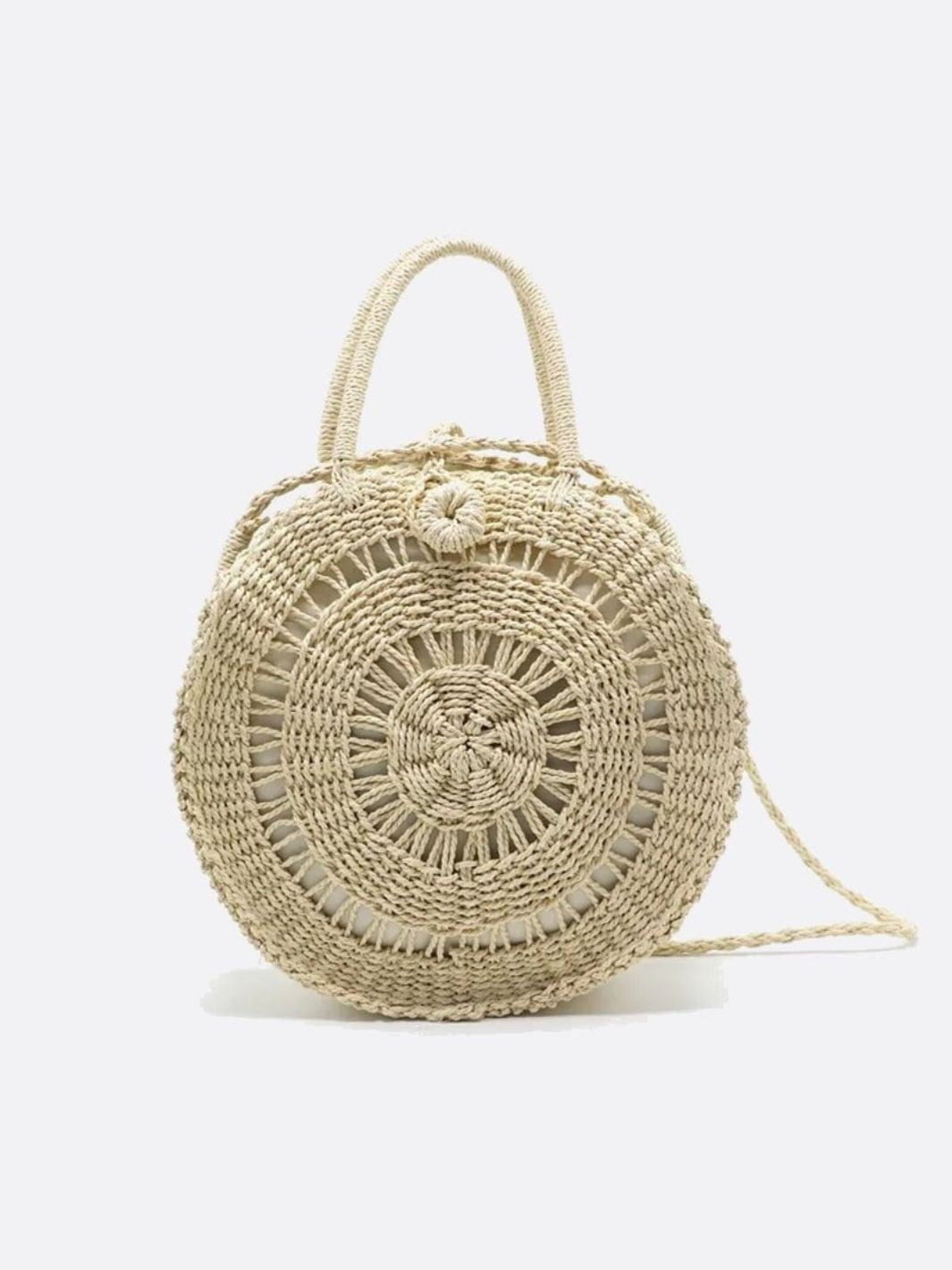 Round Handwoven Cord Bag – Boho Tote with Dual Handles & Strap - in Beige | Arvea Bags