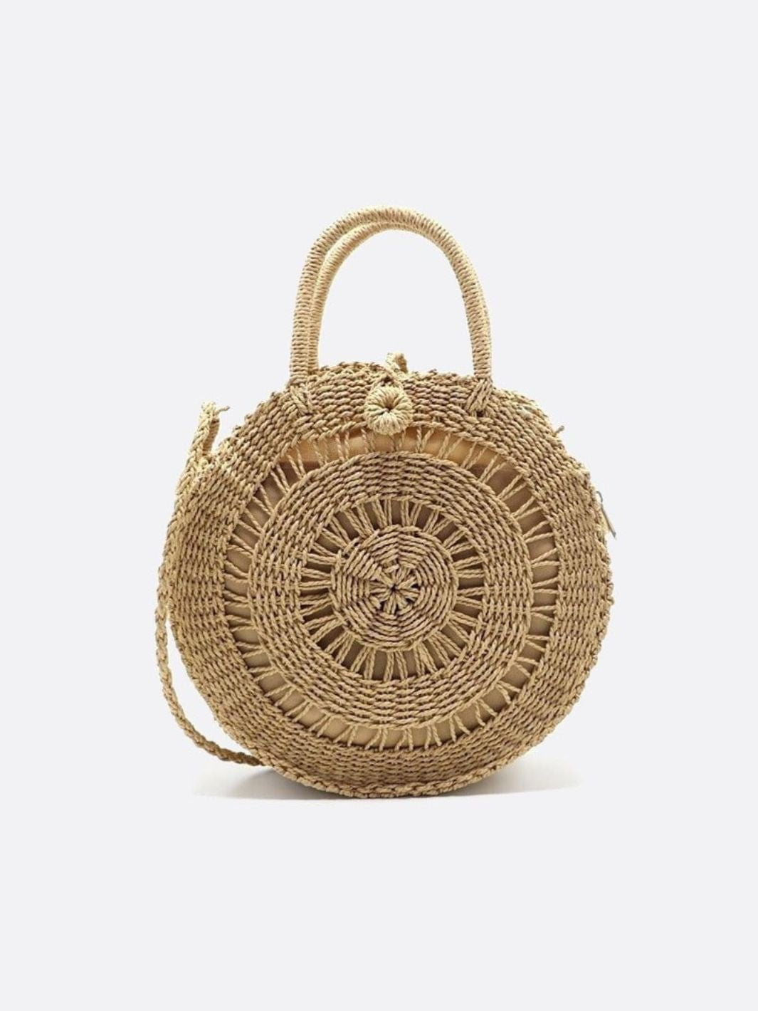 Round Handwoven Cord Bag – Boho Tote with Dual Handles & Strap - in Light Brown | Arvea Bags
