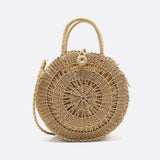 Round Handwoven Cord Bag – Boho Tote with Dual Handles & Strap - in Light Brown | Arvea Bags