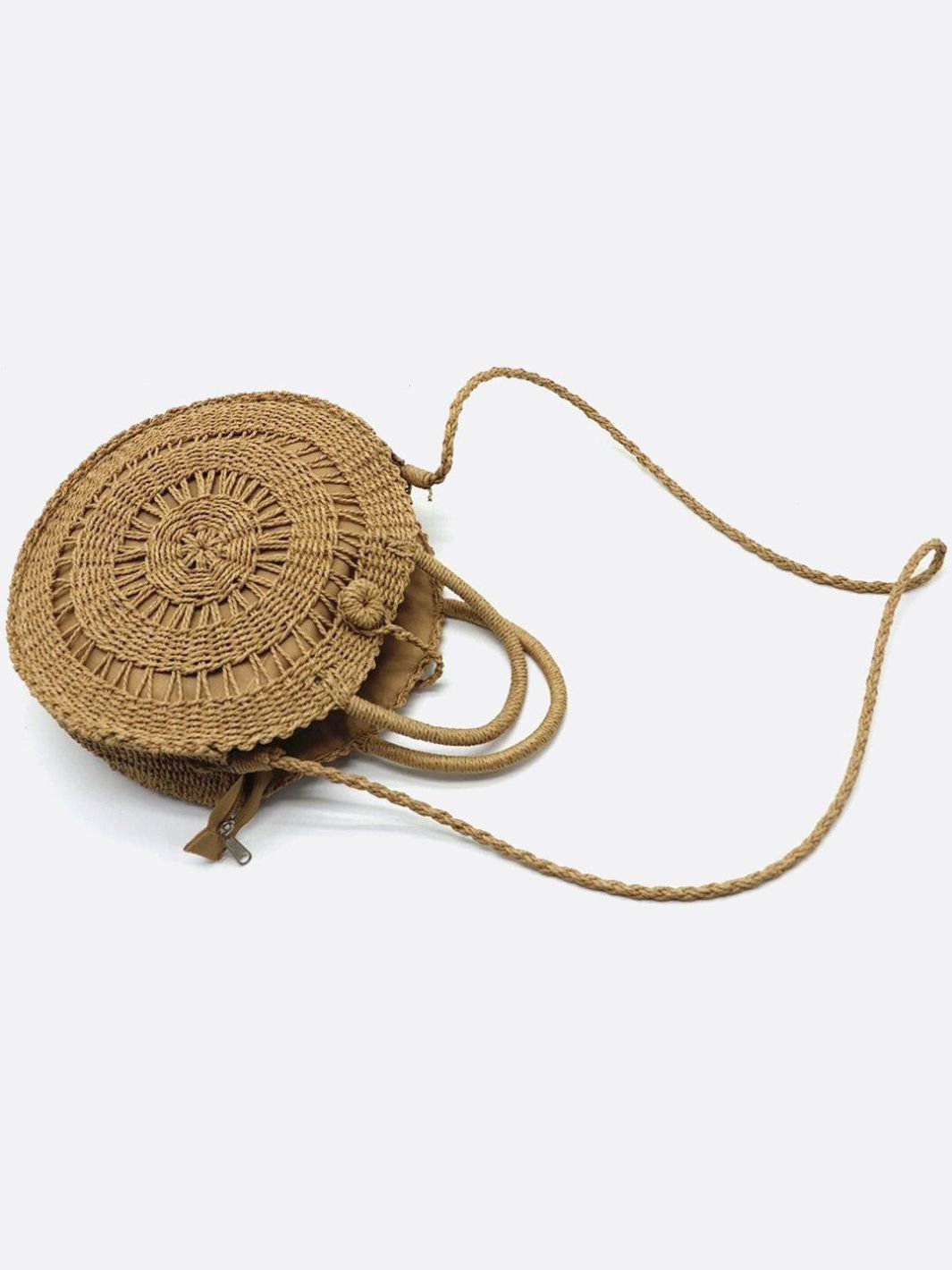 Round Handwoven Cord Bag – Boho Tote with Dual Handles & Strap - in Light Brown | Arvea Bags