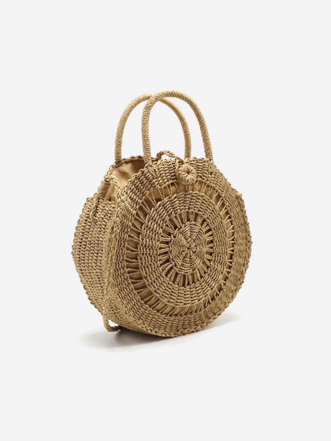 Round Handwoven Cord Bag – Boho Tote with Dual Handles & Strap - in Light Brown | Arvea Bags