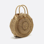 Round Handwoven Cord Bag – Boho Tote with Dual Handles & Strap - in Light Brown | Arvea Bags