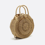 Round Handwoven Cord Bag – Boho Tote with Dual Handles & Strap - in Light Brown | Arvea Bags