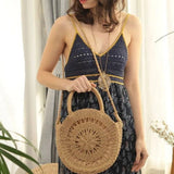 Round Handwoven Cord Bag – Boho Tote with Dual Handles & Strap - in Light Brown | Arvea Bags
