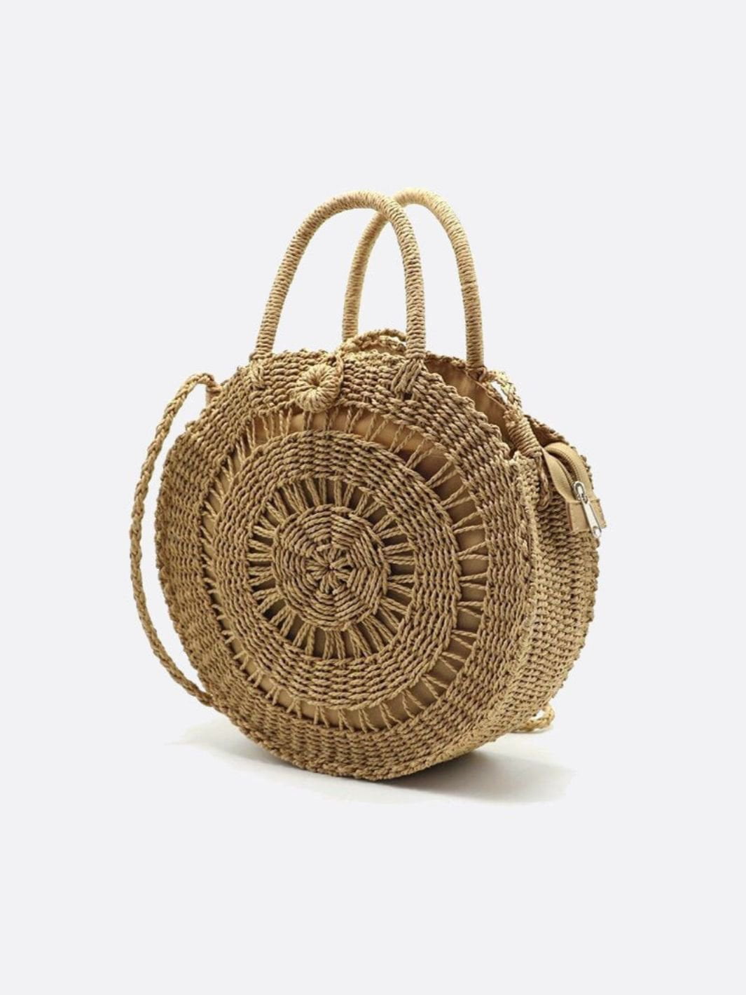 Round Handwoven Cord Bag – Boho Tote with Dual Handles & Strap - in Light Brown | Arvea Bags