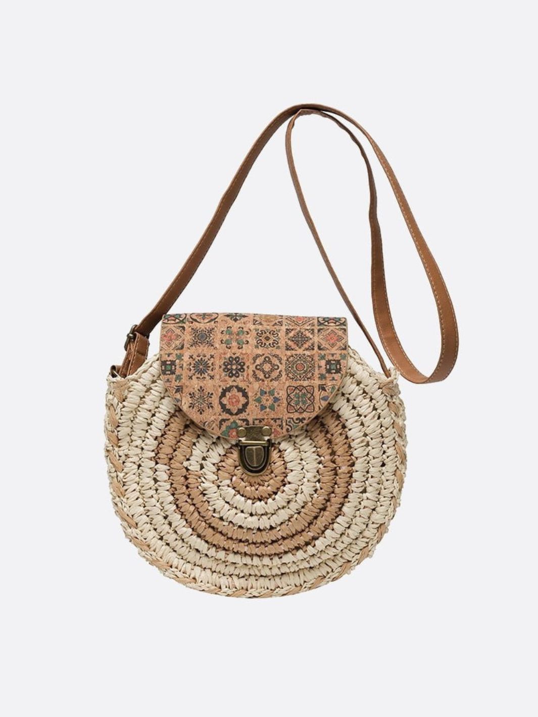 Round Woven Crossbody Bag with Patterned Flap – Boho Chic - in Beige | Arvea Bags