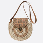 Round Woven Crossbody Bag with Patterned Flap – Boho Chic - in Beige | Arvea Bags