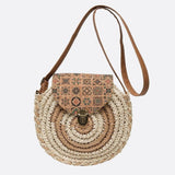 Round Woven Crossbody Bag with Patterned Flap – Boho Chic - in Beige | Arvea Bags