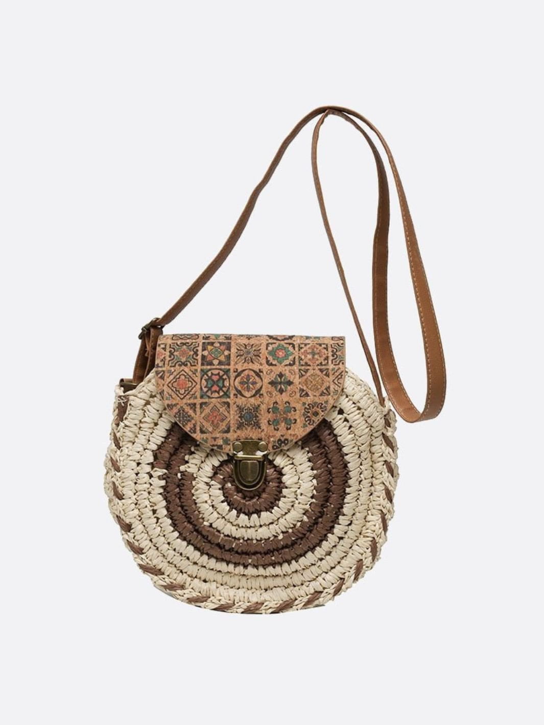 Round Woven Crossbody Bag with Patterned Flap – Boho Chic - in Brown | Arvea Bags