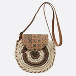 Round Woven Crossbody Bag with Patterned Flap – Boho Chic - in Brown | Arvea Bags