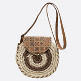 Round Woven Crossbody Bag with Patterned Flap – Boho Chic - in Brown | Arvea Bags