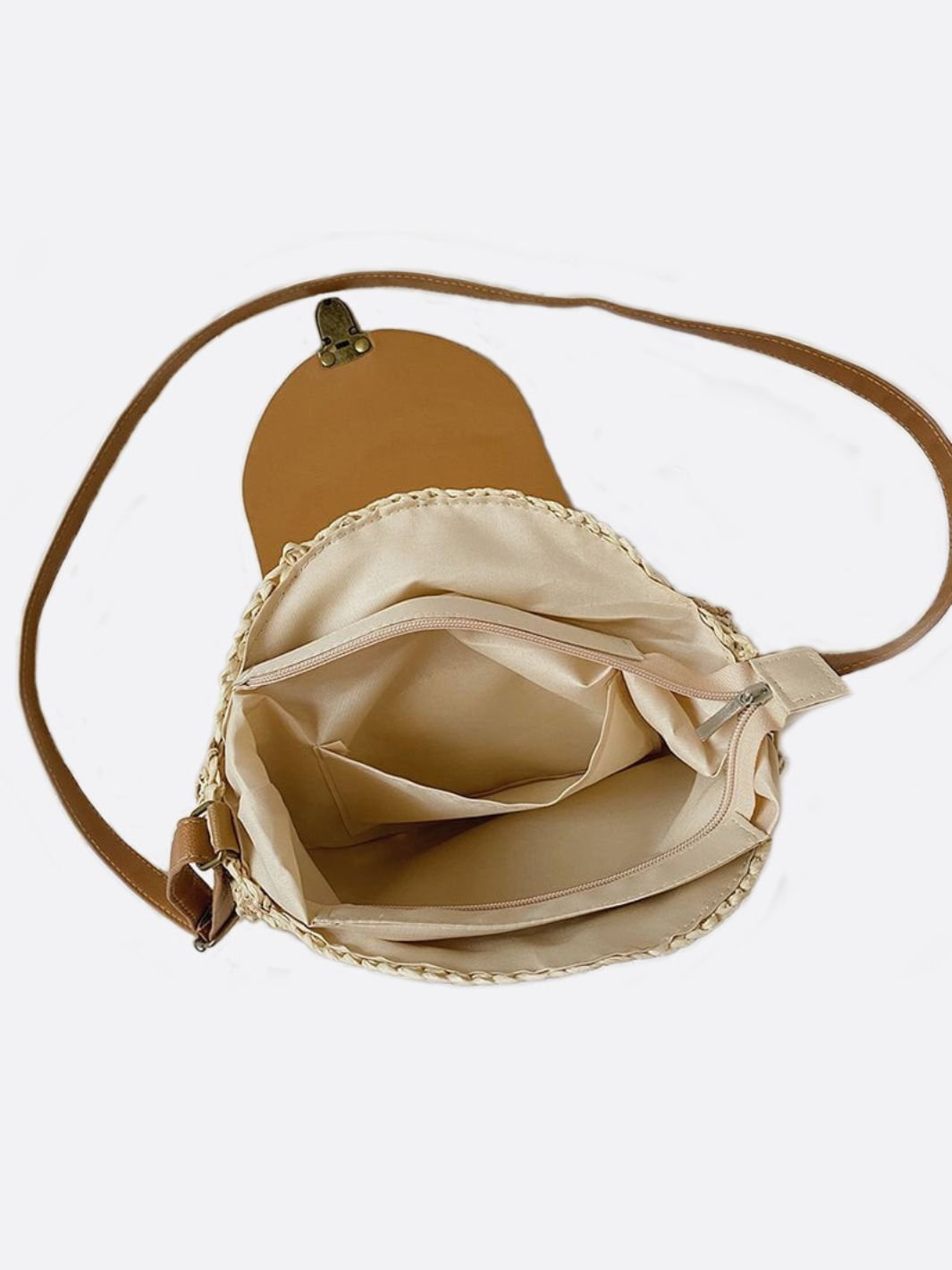 Round Woven Crossbody Bag with Patterned Flap – Boho Chic - in Khaki | Arvea Bags