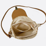 Round Woven Crossbody Bag with Patterned Flap – Boho Chic - in Khaki | Arvea Bags