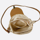 Round Woven Crossbody Bag with Patterned Flap – Boho Chic - in Khaki | Arvea Bags