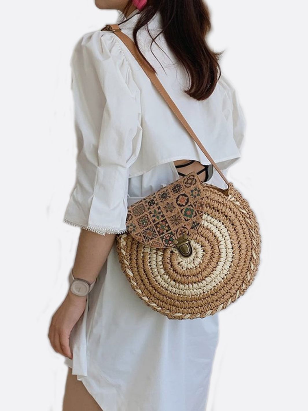 Round Woven Crossbody Bag with Patterned Flap – Boho Chic - in Khaki | Arvea Bags