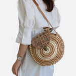 Round Woven Crossbody Bag with Patterned Flap – Boho Chic - in Khaki | Arvea Bags