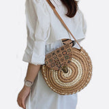 Round Woven Crossbody Bag with Patterned Flap – Boho Chic - in Khaki | Arvea Bags