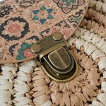 Round Woven Crossbody Bag with Patterned Flap – Boho Chic - in Khaki | Arvea Bags