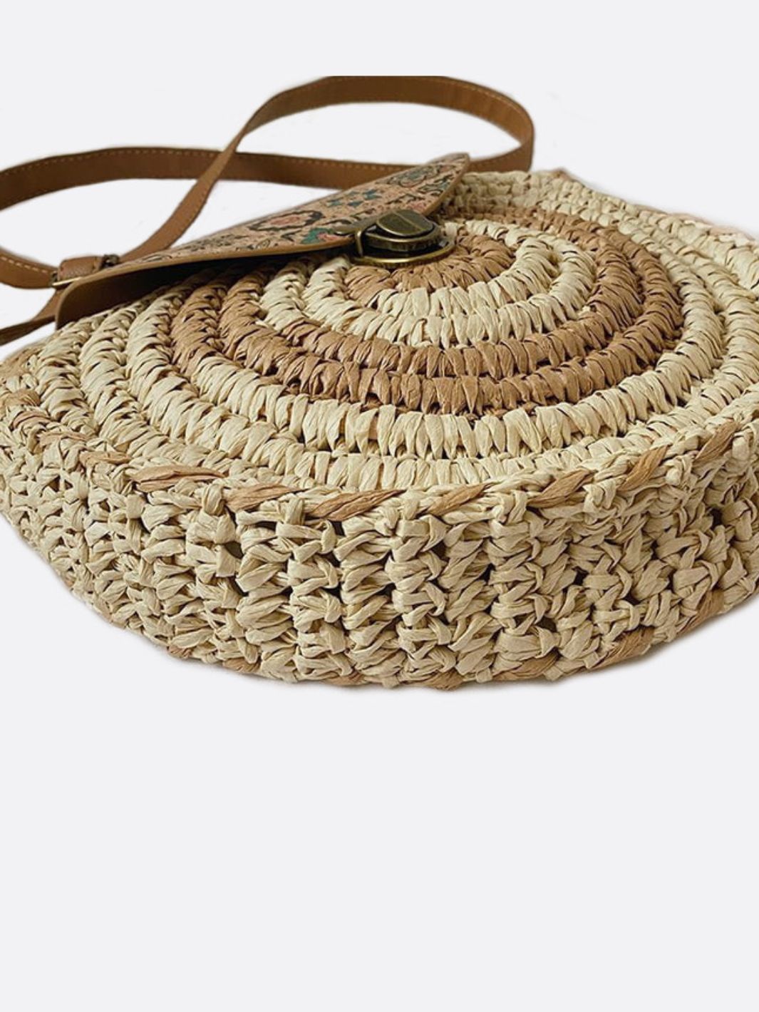 Round Woven Crossbody Bag with Patterned Flap – Boho Chic - in Khaki | Arvea Bags