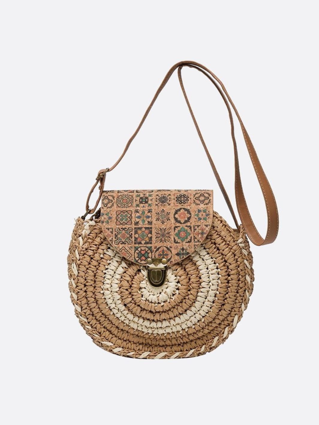 Round Woven Crossbody Bag with Patterned Flap – Boho Chic - in Khaki | Arvea Bags
