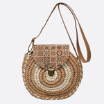 Round Woven Crossbody Bag with Patterned Flap – Boho Chic - in Khaki | Arvea Bags