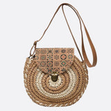Round Woven Crossbody Bag with Patterned Flap – Boho Chic - in Khaki | Arvea Bags