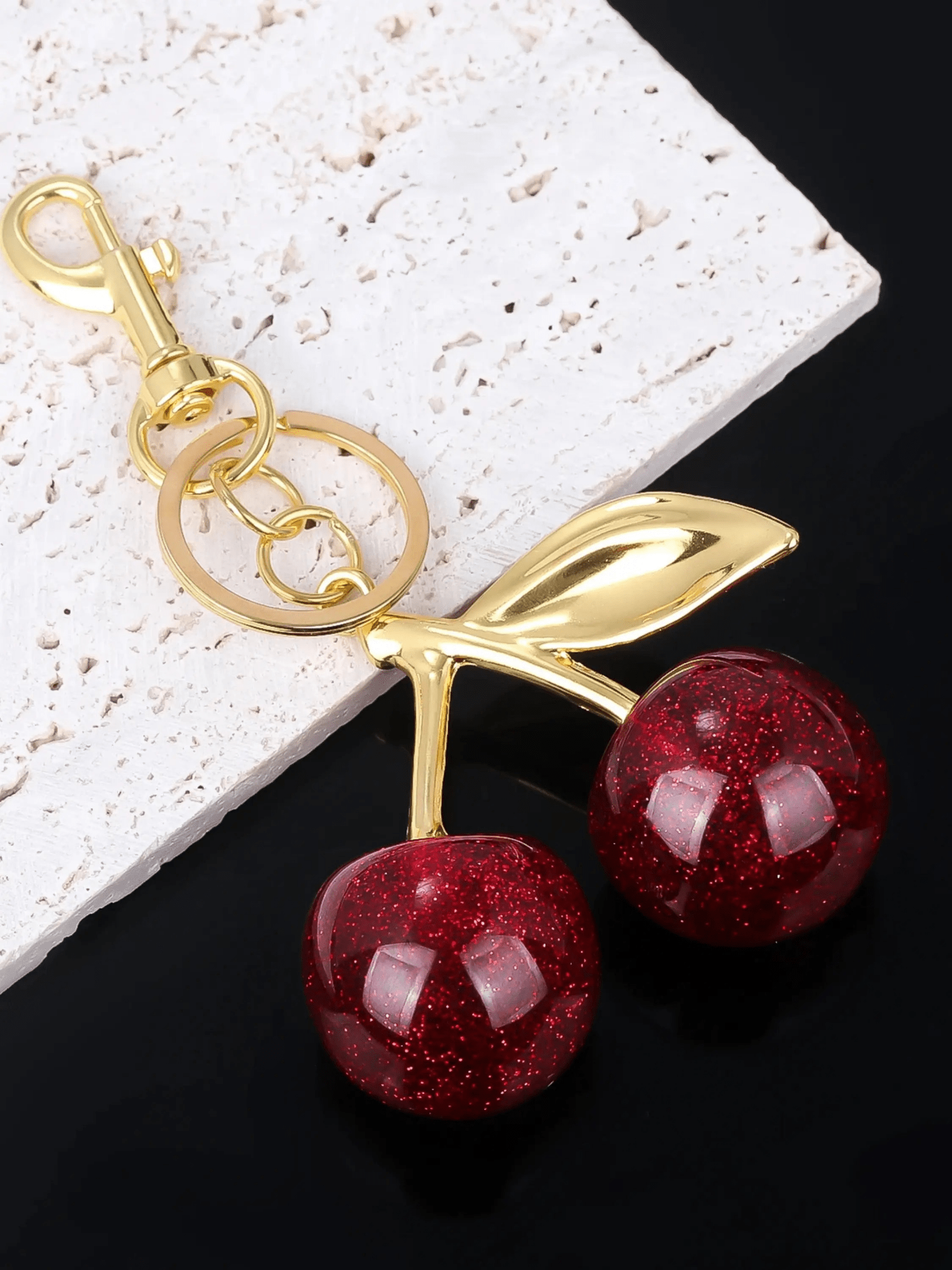 Ruby | Glitter Cherry Gold Keychain – Sparkling Elegance - in Bordeaux red | Arvea Bags