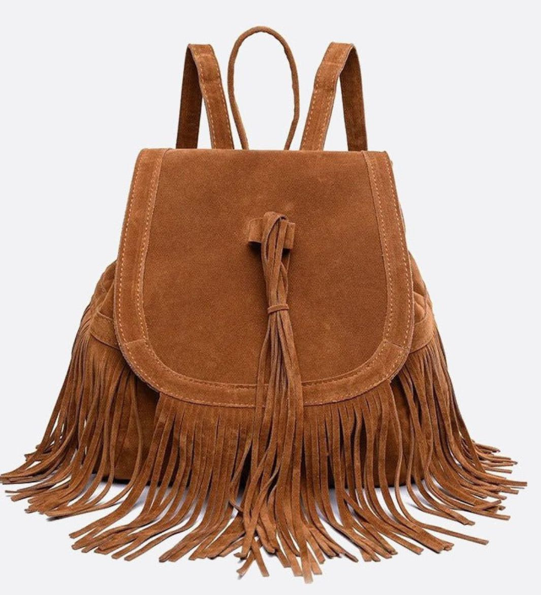 Savannah Fringe Backpack – Suede - Effect Drawstring Rucksack with Boho Tassels - in Black | Arvea Bags