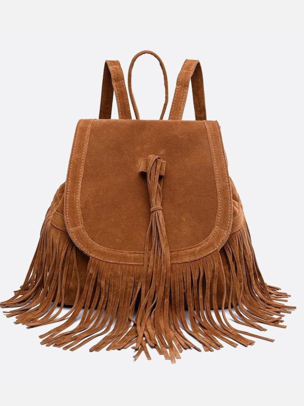 Savannah Fringe Backpack – Suede - Effect Drawstring Rucksack with Boho Tassels - in Black | Arvea Bags