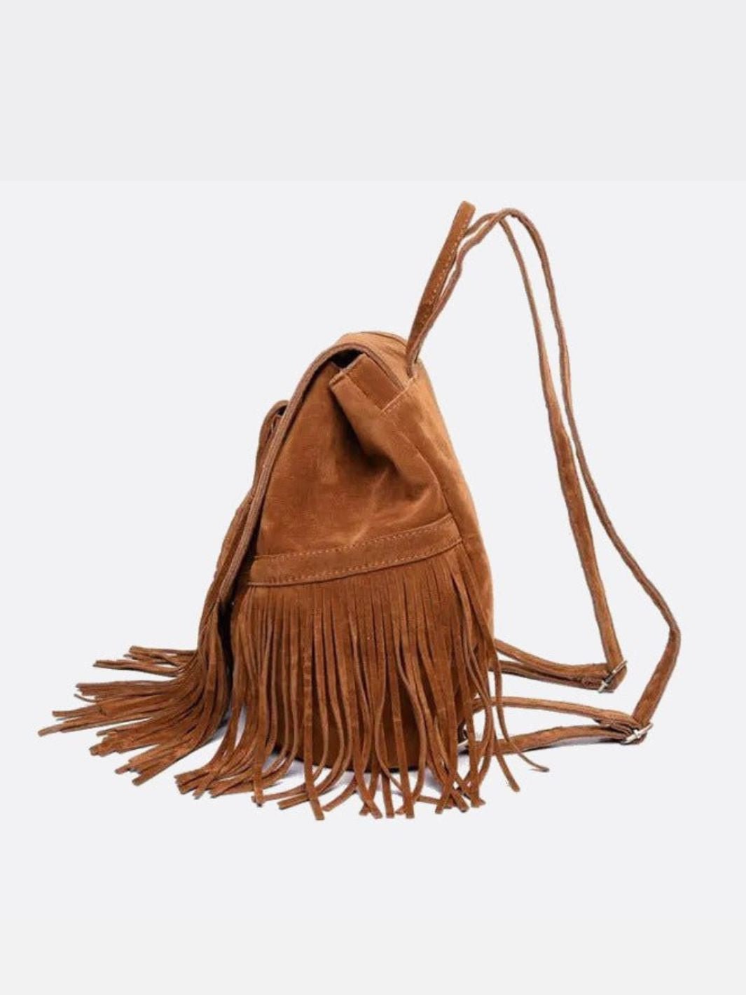 Savannah Fringe Backpack – Suede - Effect Drawstring Rucksack with Boho Tassels - in Black | Arvea Bags