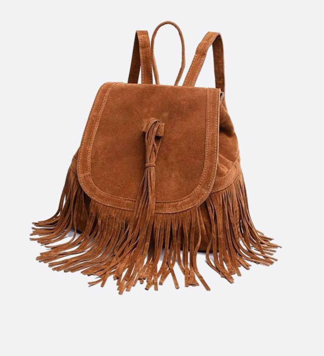 Savannah Fringe Backpack – Suede - Effect Drawstring Rucksack with Boho Tassels - in Black | Arvea Bags