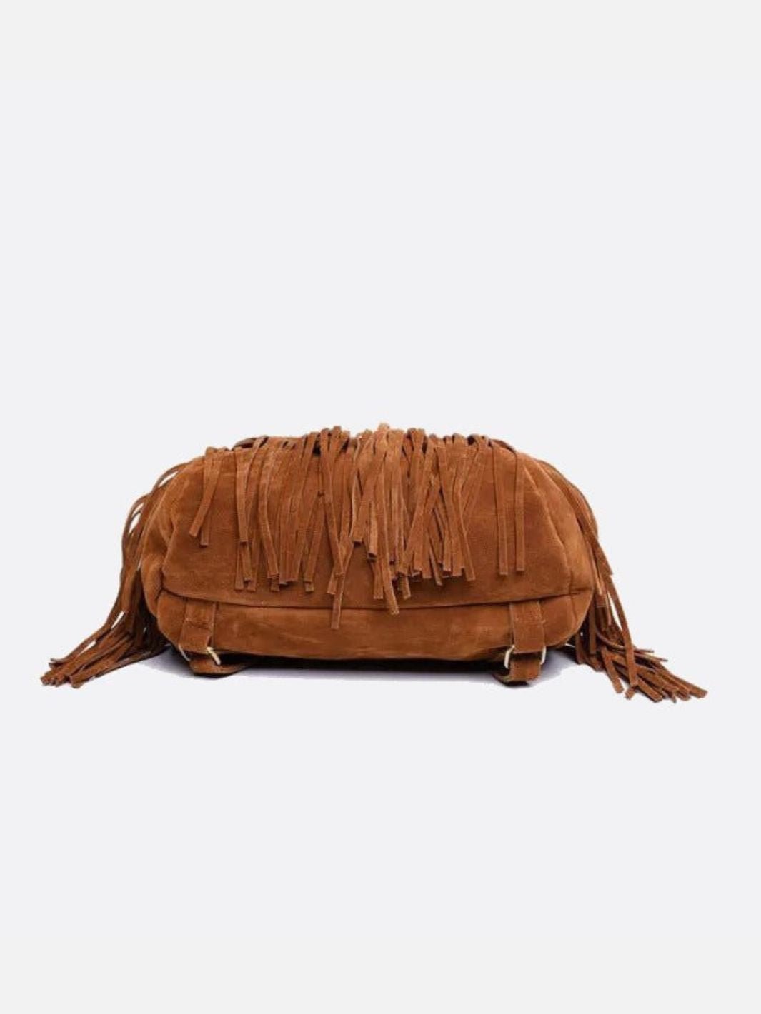 Savannah Fringe Backpack – Suede - Effect Drawstring Rucksack with Boho Tassels - in Black | Arvea Bags