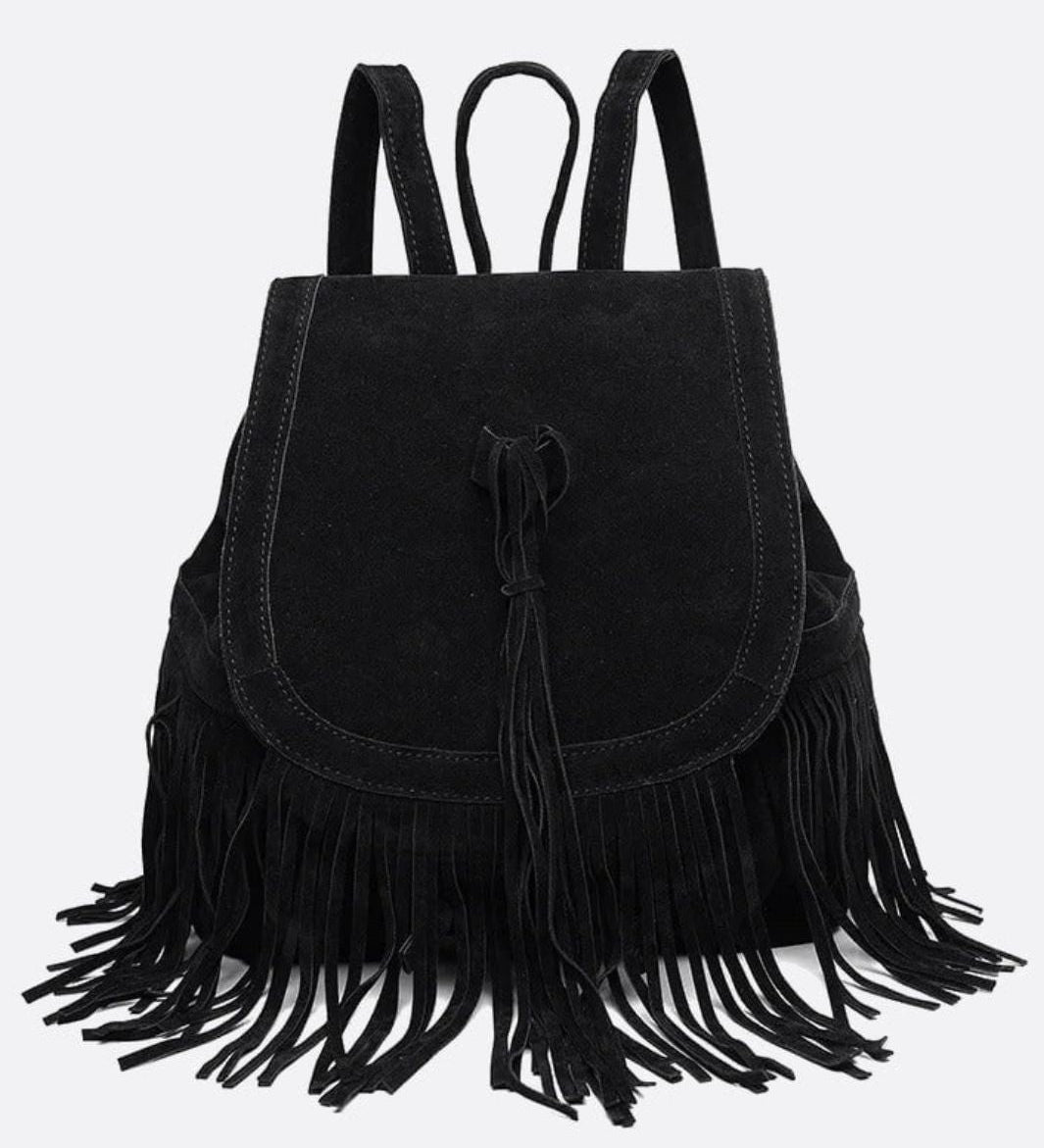 Savannah Fringe Backpack – Suede - Effect Drawstring Rucksack with Boho Tassels - in Black | Arvea Bags