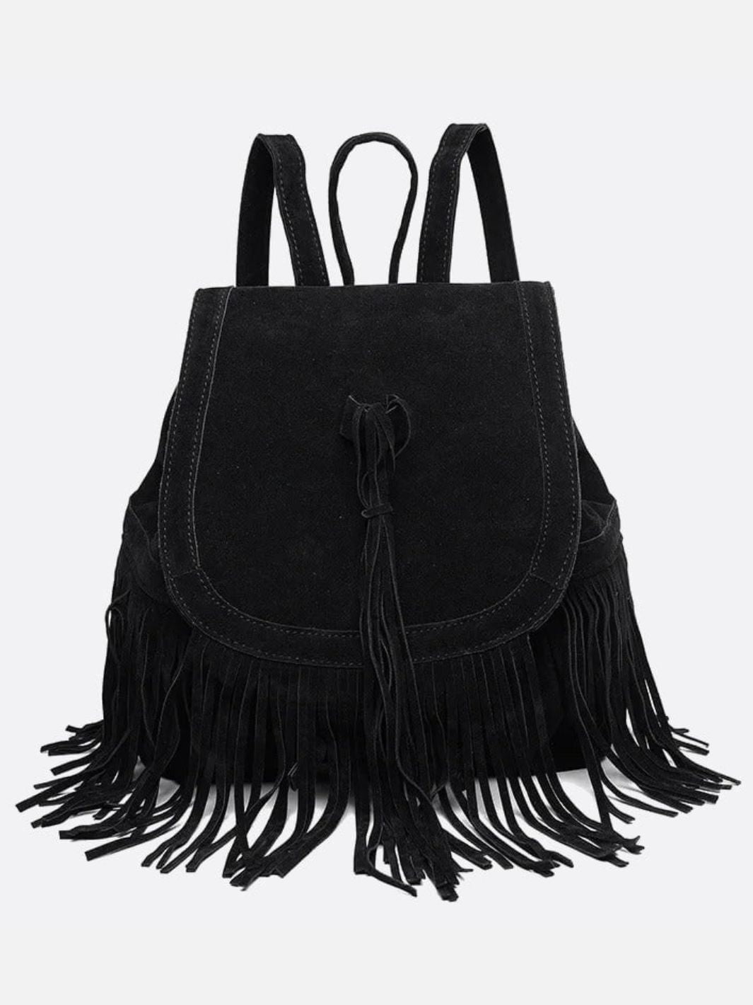Savannah Fringe Backpack – Suede - Effect Drawstring Rucksack with Boho Tassels - in Black | Arvea Bags